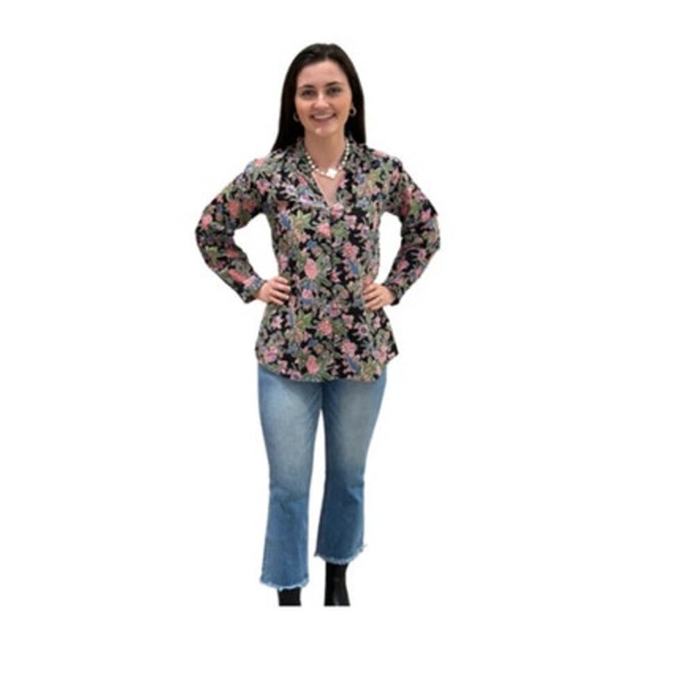 Liza Byrd Women Button Up Shirt Size Small The Embry Block Print Floral Midnight
